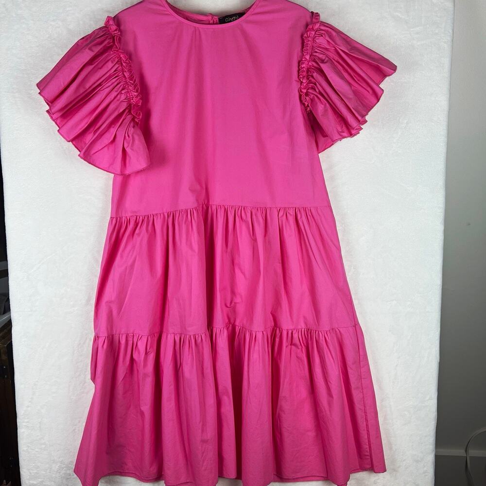 Chepè Pink 100% Cotton Tiered A-Line Knee Dress Ruffle Flutter Sleeve L Coquette